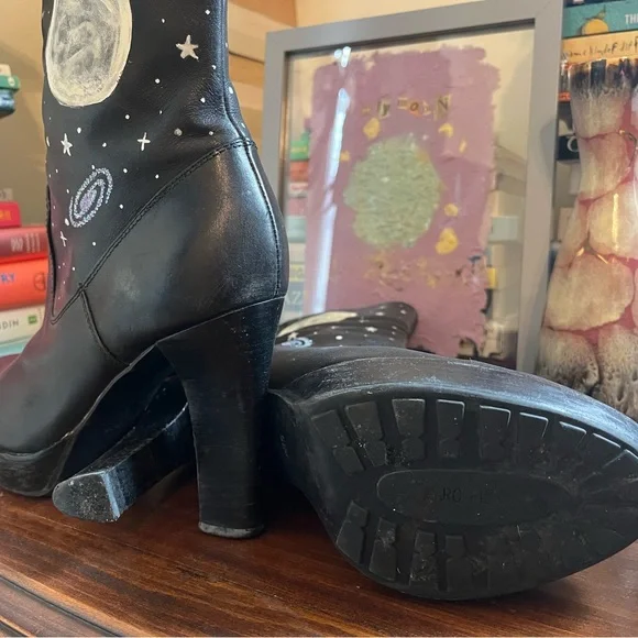 Marc Fisher Black Heeled Boots with Celestial Design - Picture 3 of 6